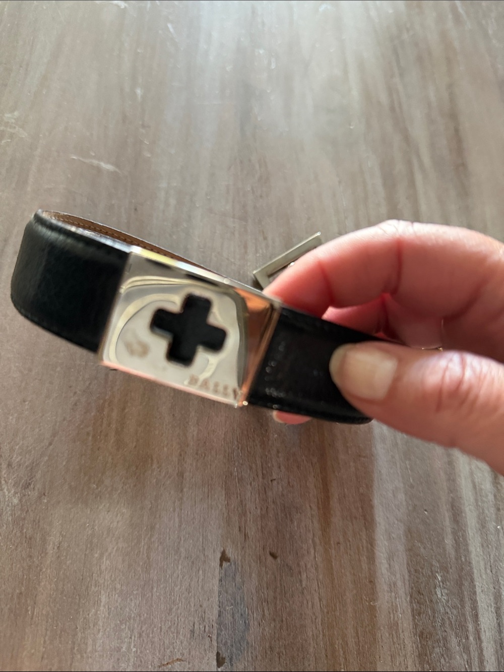 Bally Black Leather Belt with Gold Logo Plaque